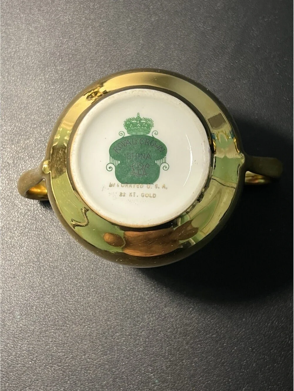 Royal Crown China LBC USA 1950s 22kt Gold Creamer Sugar Bowl Set, 3x2.75”
